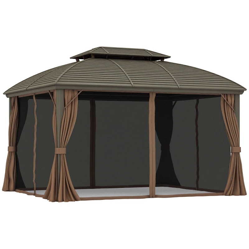 Outsunny 10' x 12' Hardtop Gazebo Canopy with Double Roof, Netting and Curtains for Garden, Backyard, Deck, Coffee