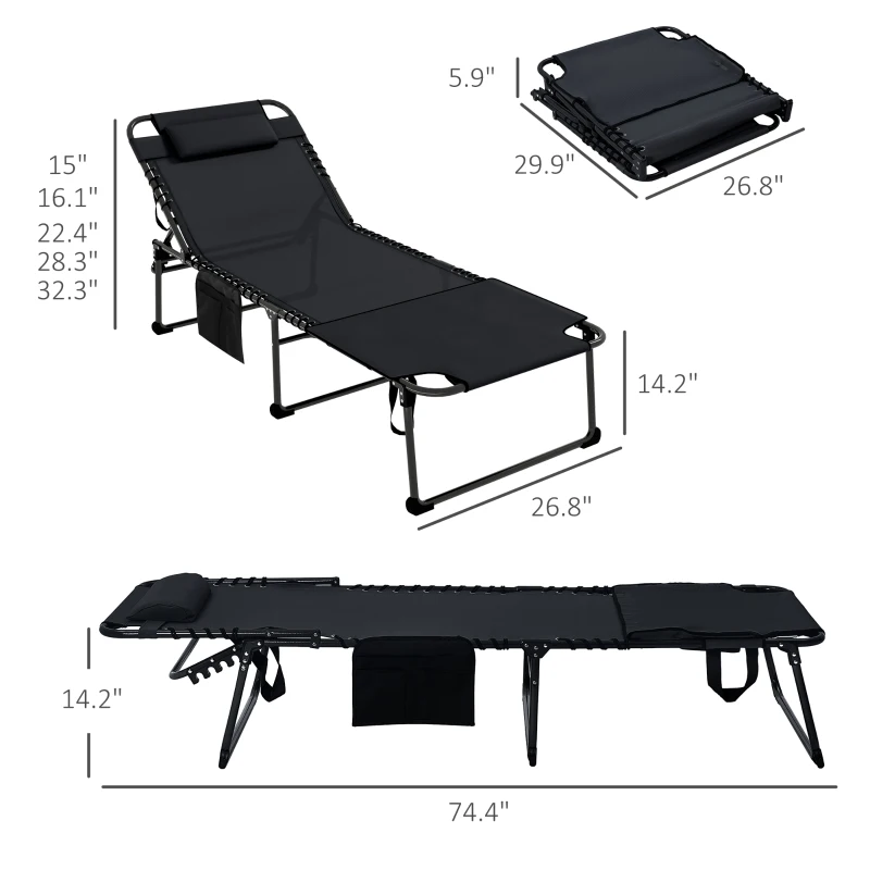 Outsunny Folding Chaise Tanning Lounge Chair w/ 5-level Reclining Back, Reading Hole, Side Pocket, Headrest, Black