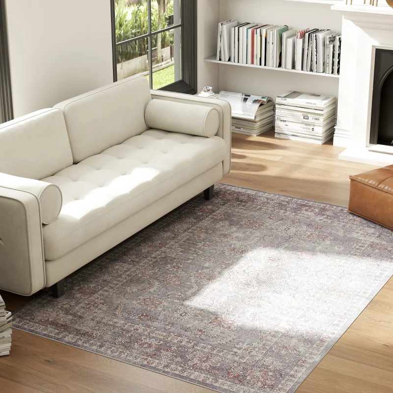 HOMCOM Machine Washable Area Rug 4x6, Non-Slip Traditional Flower Print Floor Carpet for Living Room, Bedroom, Grey and Brown