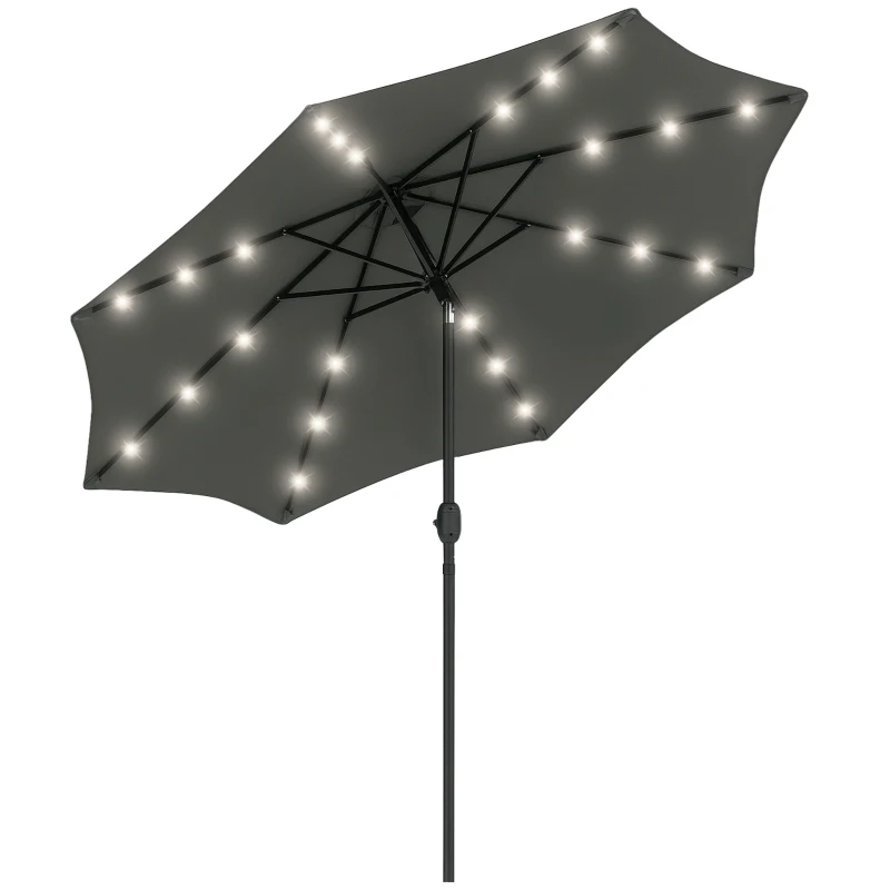 Outsunny 9ft Solar Patio Umbrella Outdoor Sunshade 24 LED Lights Tilt Canopy, Charcoal Grey