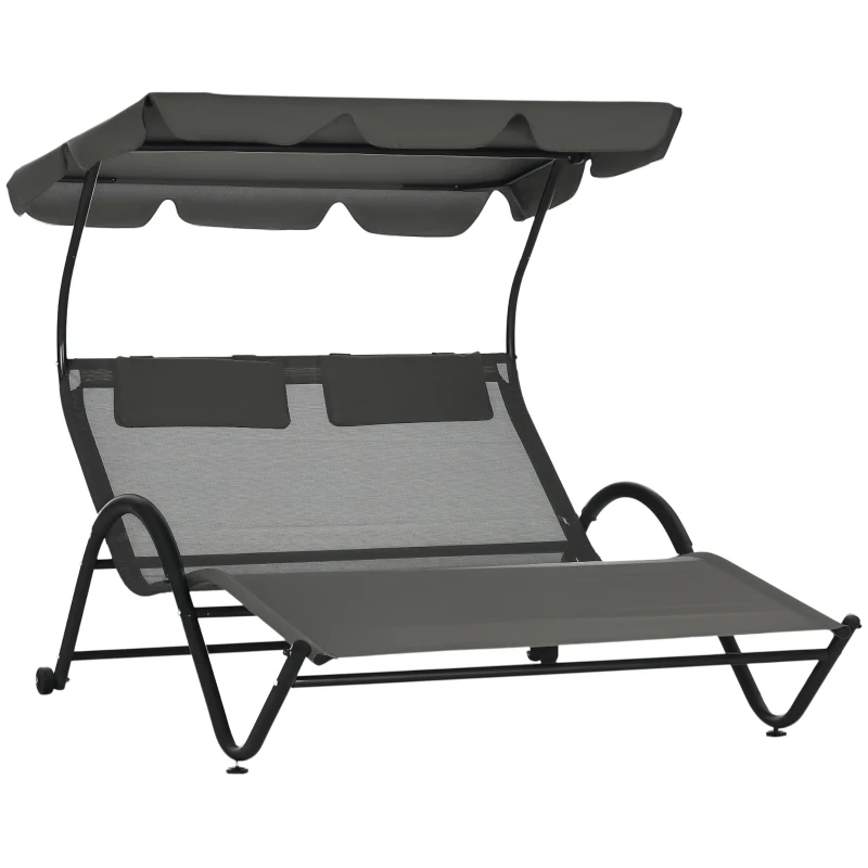 Outsunny Outdoor Patio Chaise Lounge Chair, Patio Sun Lounger w/ Sunshade Roof, for Two People with Wheels and Breathable Sling Mesh Bed, Pillows, Dark Gray