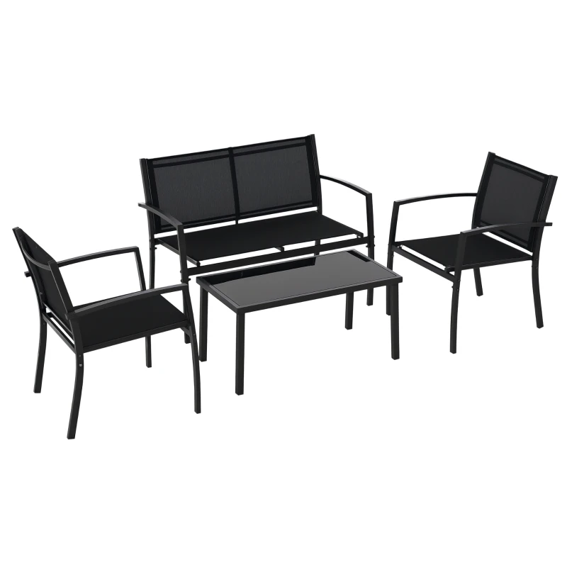 Outsunny 4-Piece Patio Furniture Set with Glass Top Coffee Table, Breathable Mesh Seat & Backrest for Garden, Balcony, Black