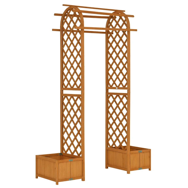 Outsunny 7.7FT Garden Arch with 2 Foldable Planter Boxes, Outdoor Wooden Trellis Arbor for Ceremony Party Weddings, Brown