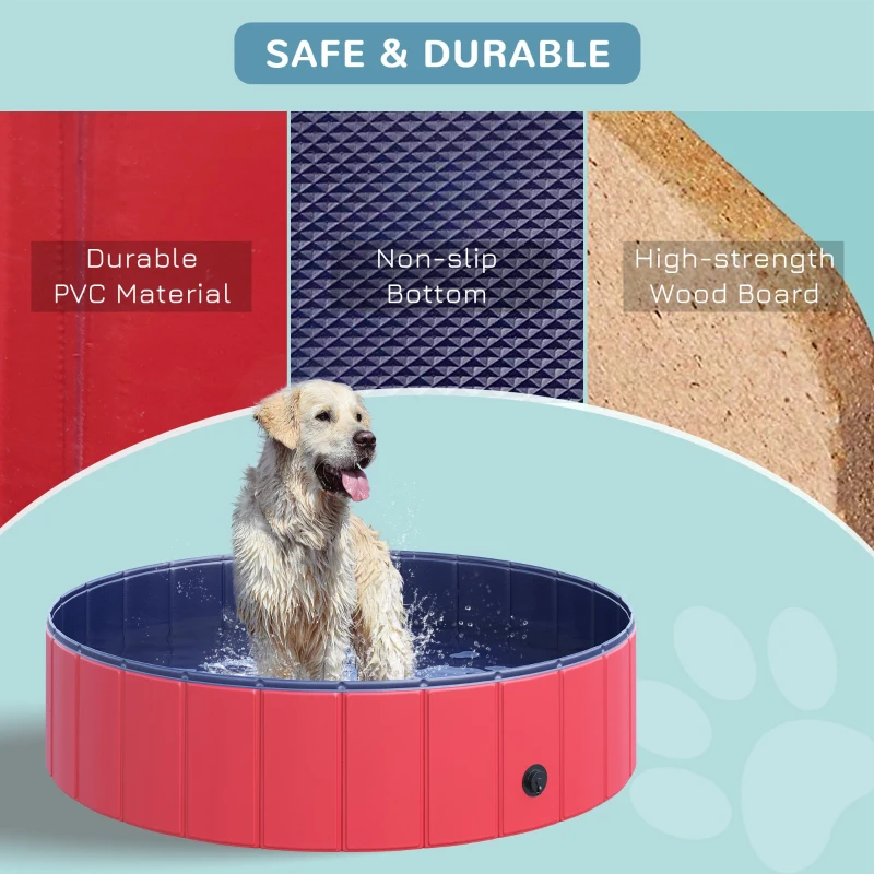 PawHut Foldable Pet Swimming Pool, Portable Dog Bathing Tub, 12" x 47" Plastic Large Dog Pool for Outdoor Dogs and Cats, Red