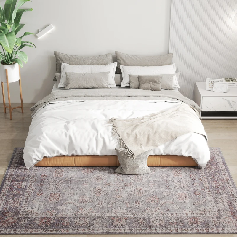 HOMCOM Machine Washable Area Rug 5x7, Non-Slip Traditional Flower Print Floor Carpet for Living Room, Bedroom, Grey and Brown