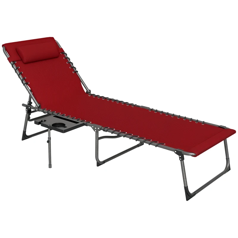 Outsunny Outdoor Folding Lounge Chair, Reclining Chaise Lounge Tanning Chair with Adjustable Back, Side Table, Headrest, Red