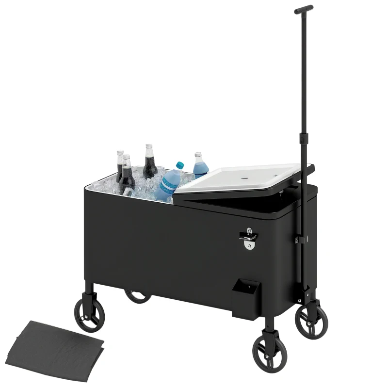 Outsunny 80-Qt Outdoor Patio Cooler Cart, Rolling Ice Chest with Adjustable Handle, Wheels, Bottle Opener, Drainage, Outdoor Beverage Cooler Bar Cart for Party BBQ Camping, Black