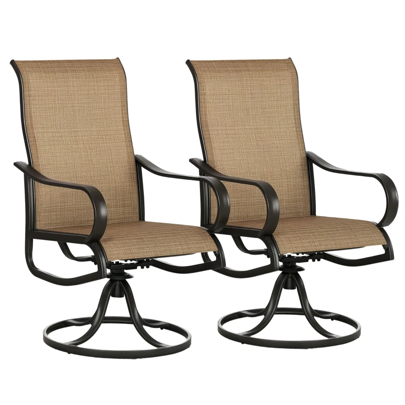 Outsunny 2-Piece Swivel Patio Dining Chairs, 360° Swivel Rocking Outdoor Chairs with Curved Armrests, Breathable Mesh Seat & S Shape Backrest for Yard, Lawn, Porch, Brown