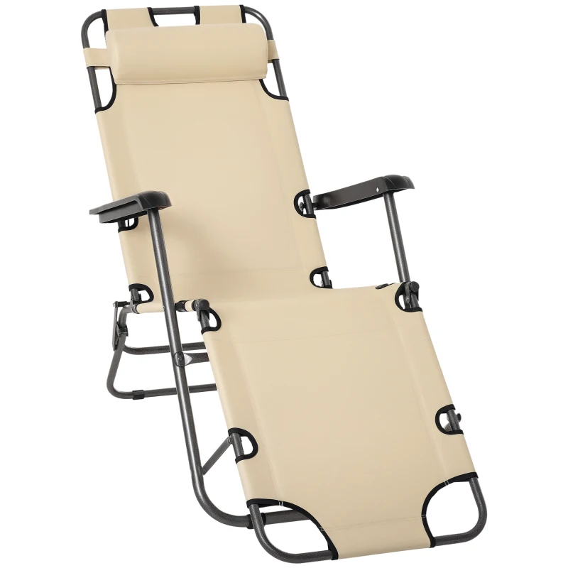 Outsunny Folding Chaise Lounge Chair, Outdoor Portable 2-Level Adjustable Recliner Zero Gravity Chair with Headrest Pillow, Beige