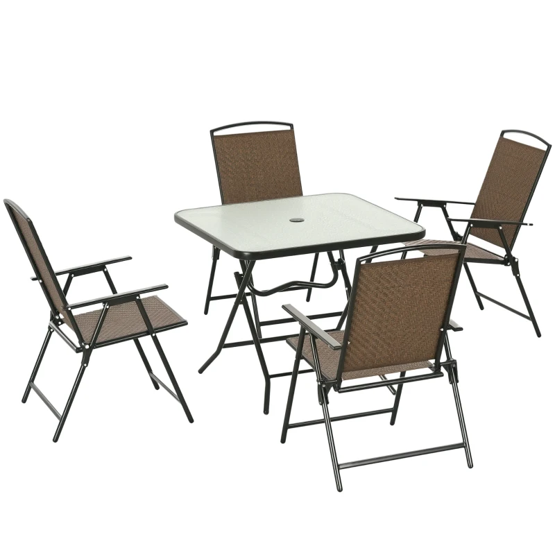 Outsunny 5 Pieces Patio Table and Chairs, Foldable Wicker Outdoor Dining Table Set with Umbrella Hole, Dark Brown