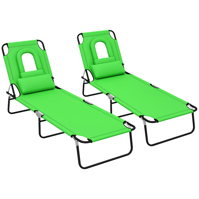 Outsunny 2PCS Adjustable Outdoor Lounge Chair, Garden Folding Chaise Lounge with Face Hole Reclining Tanning Chair Seat, Folding Camping Beach Lounging Bed w/ Head Support Green
