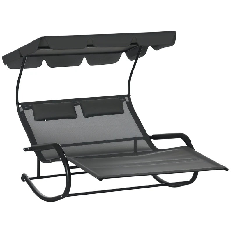Outsunny Patio Outdoor Bed, Outdoor Chaise Sun Lounger for Two Person with Adjustable Canopy, Detachable Pillows, and Wheels for Sun Room, Garden, Poolside, Dark Gray