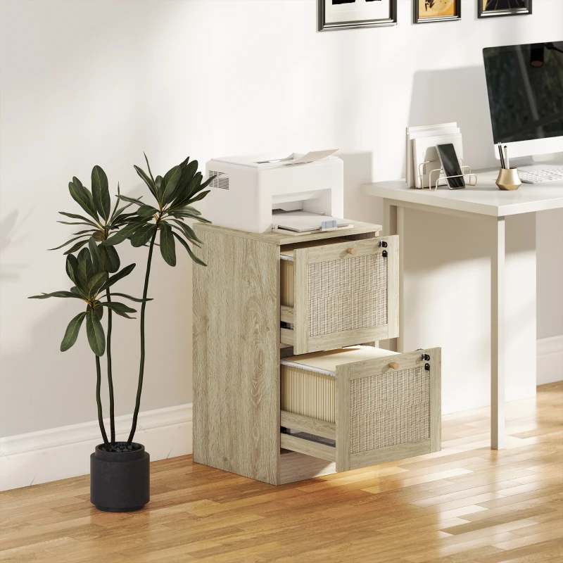 HOMCOM 2 Drawer Filing Cabinet with Lock, Boho File Cabinet for A4 Letter Size Files with Decorative Rattan Accents, Oak