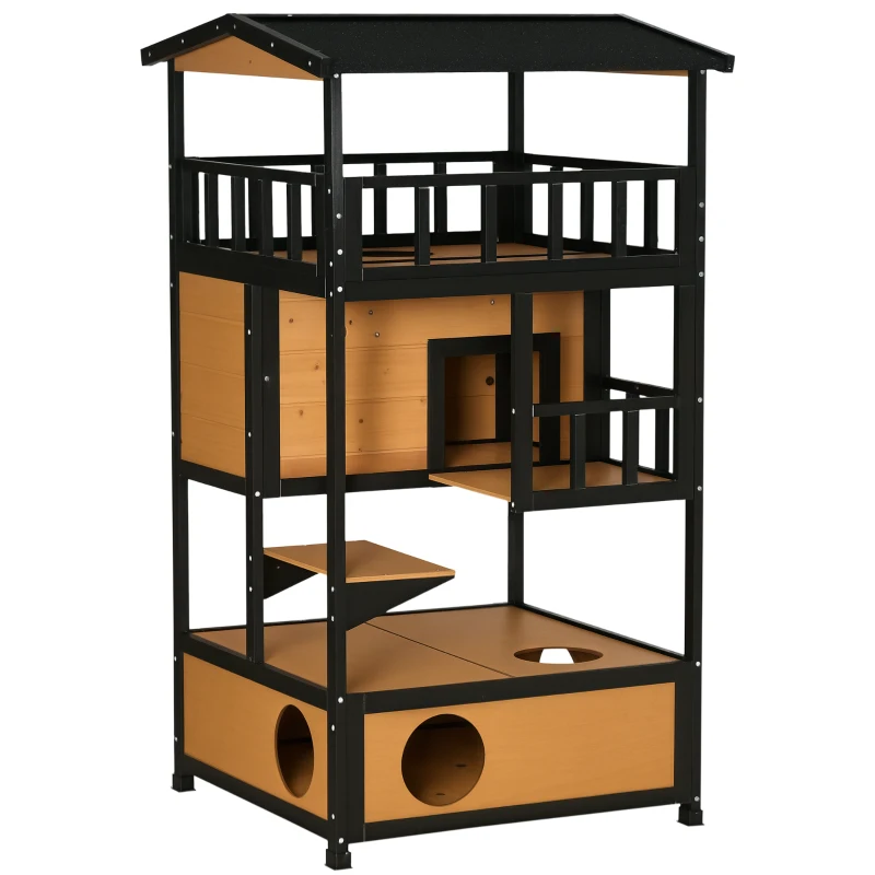 PawHut 4-Floor Wood Outdoor Cat House Catio for Cats with Condo, Fun Entrances, Perch, Natural