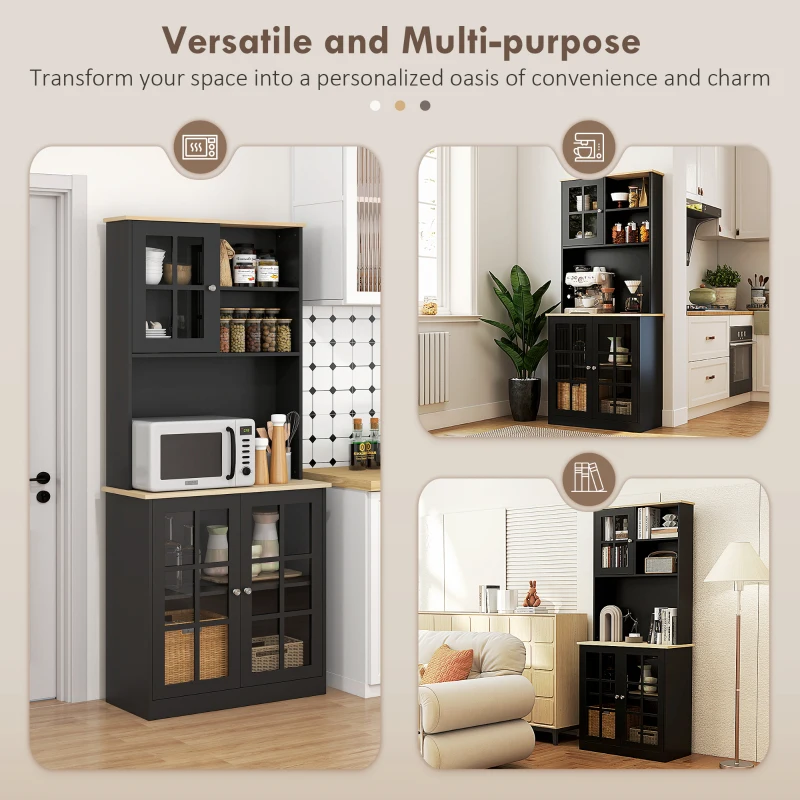 HOMCOM Kitchen Buffet with Hutch, Storage Pantry with 3 Cabinets, 2 Open Shelves and Large Countertop, Black(m-7)