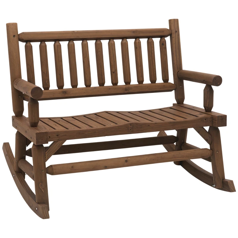 Outsunny 2-Person Wood Patio Rocker, Outdoor Rocking Chair, Porch Rocking Bench with Slat Back and Seat, Carbonized Colour