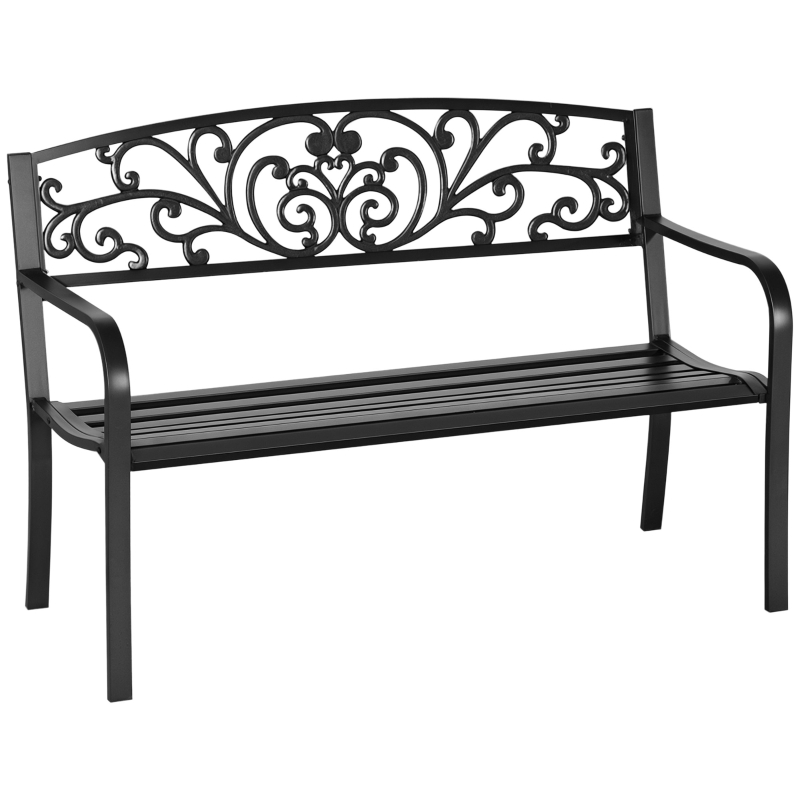Outsunny 50" Outdoor Bench, Metal Garden Bench with Floral Pattern Backrest, Porch Bench with Slatted Seat for Park, Yard, Lawn, Black