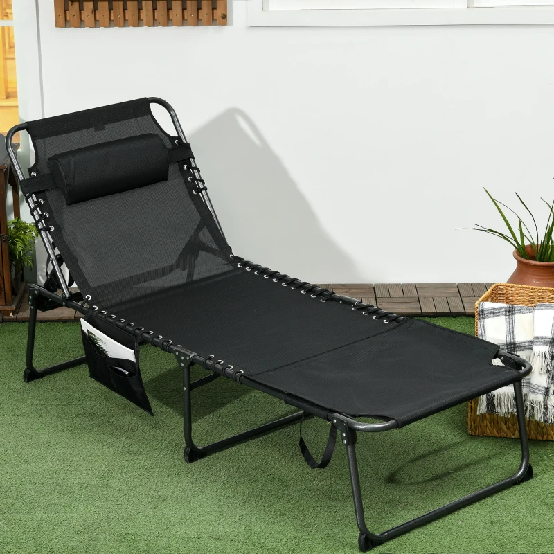 Outsunny Folding Chaise Tanning Lounge Chair w/ 5-level Reclining Back, Reading Hole, Side Pocket, Headrest, Black
