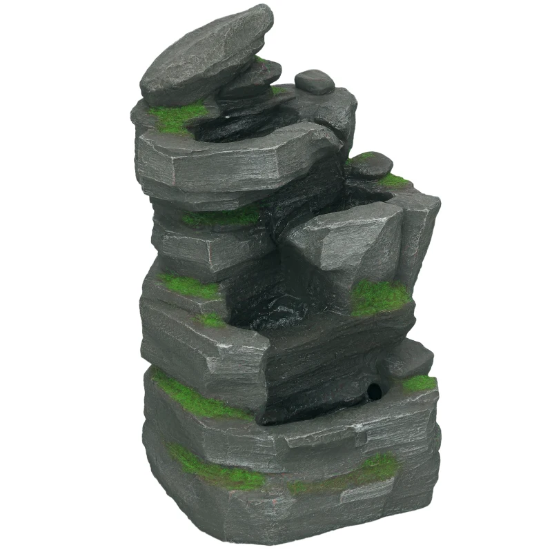 Outsunny 4-Tiered Rock Outdoor Water Fountain with LED Lights, Adjustable Flow, 22.4-inch Resin Waterfall Fountain