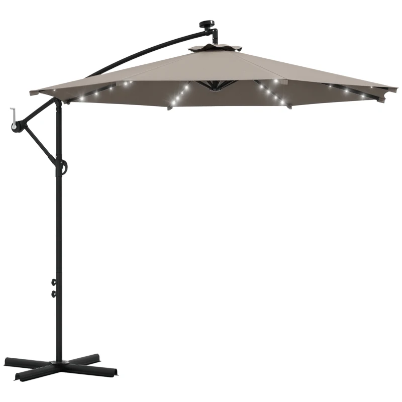 Outsunny 10ft Outdoor Cantilever Umbrella Banana Umbrella with Solar Lights and Adjustable Angle for Patio Backyard Khaki