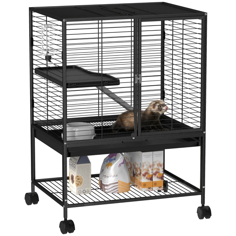 PawHut Rolling Small Animal Cage 34"H Chinchilla Cage for Ferrets, Squirrels w/ Removable Tray, Storage Shelf, Black