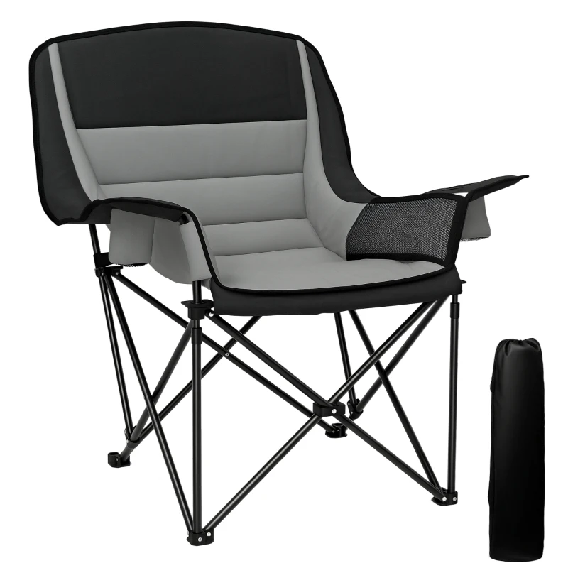 Outsunny Camping Chair for Adults, Portable Folding Camping Chair with Side Pockets, Cup Holders, Carry Bag, Black and Gray