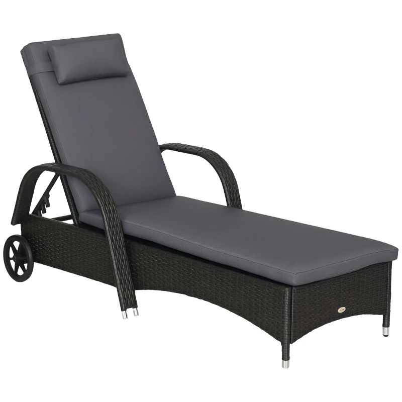 Outsunny Outdoor Lounger, Deck Lounge Chair with Headrest, 5-Level Adjustable, Backrest, Wheels, Deep Coffee and Med Grey