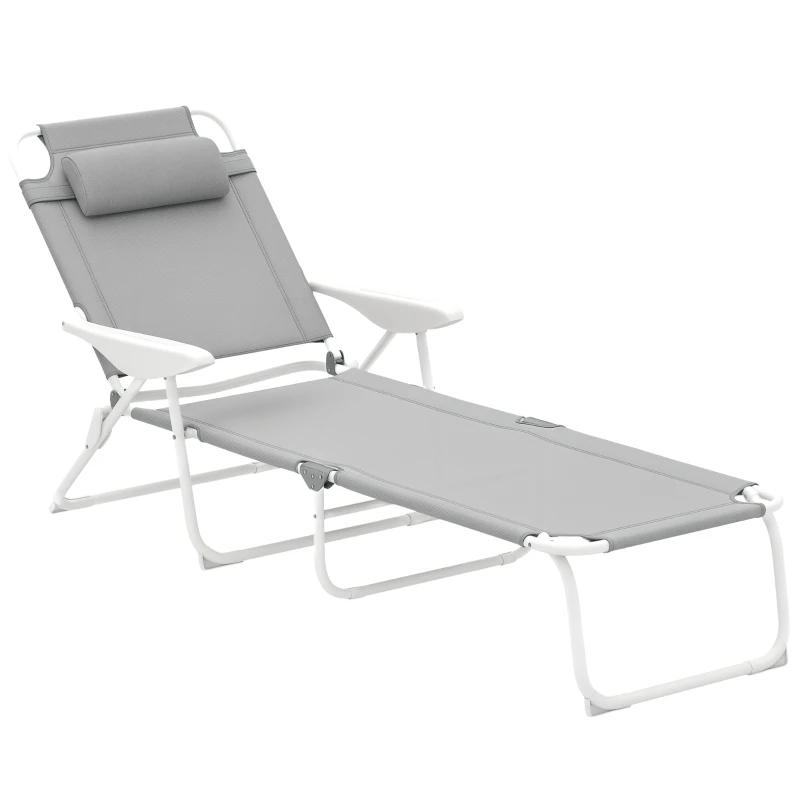 Outsunny Folding Chaise Lounge, Outdoor Sun Tanning Chair, 4-Position Reclining Back, Armrests, Removable Pillow, Light Gray