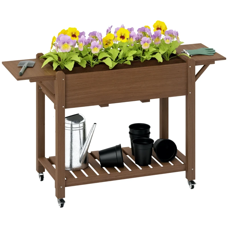 Outsunny Wood Raised Planter Box, Elevated Garden Bed with Lockable Wheels, Side Tables, Bottom Shelf, Drain Holes, Carbonized