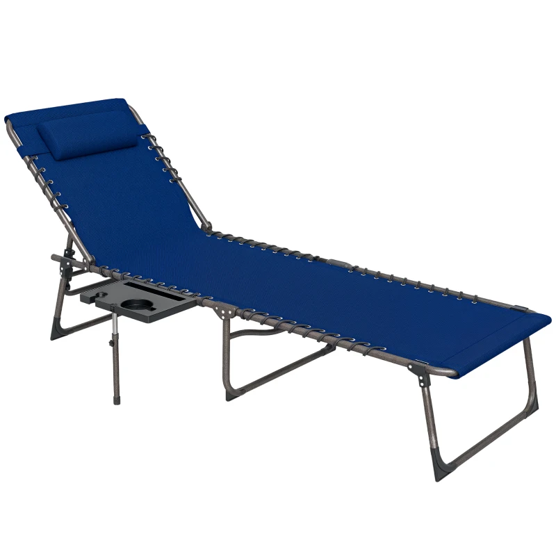 Outsunny Folding Outdoor Chaise Lounge Chair Tanning Chair with 5-Level Adjustable Back, Side Table, Pillow, Pocket, Dark Blue