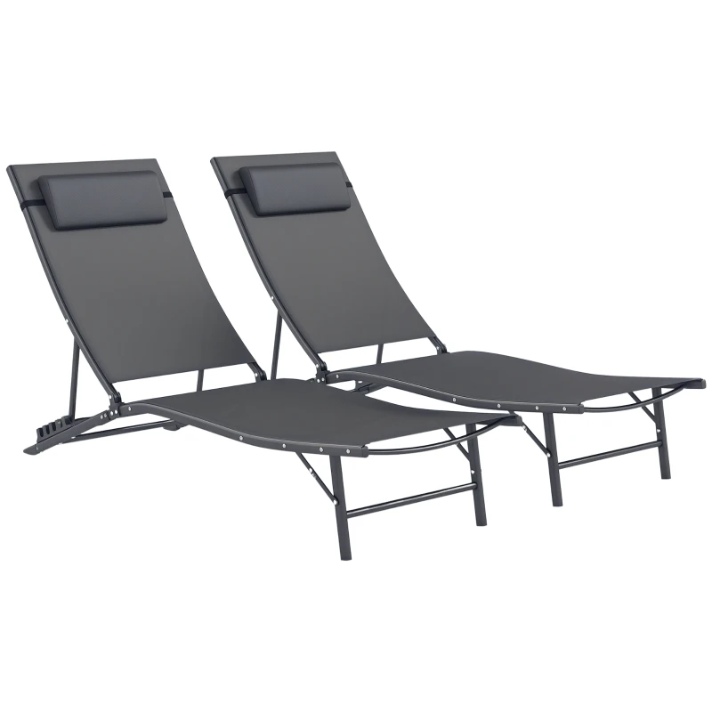 Outsunny Folding Outdoor Chaise Lounge Chair Set of 2 with Adjustable Backrest, Headrest, Mesh Seat for Beach, Poolside, Grey