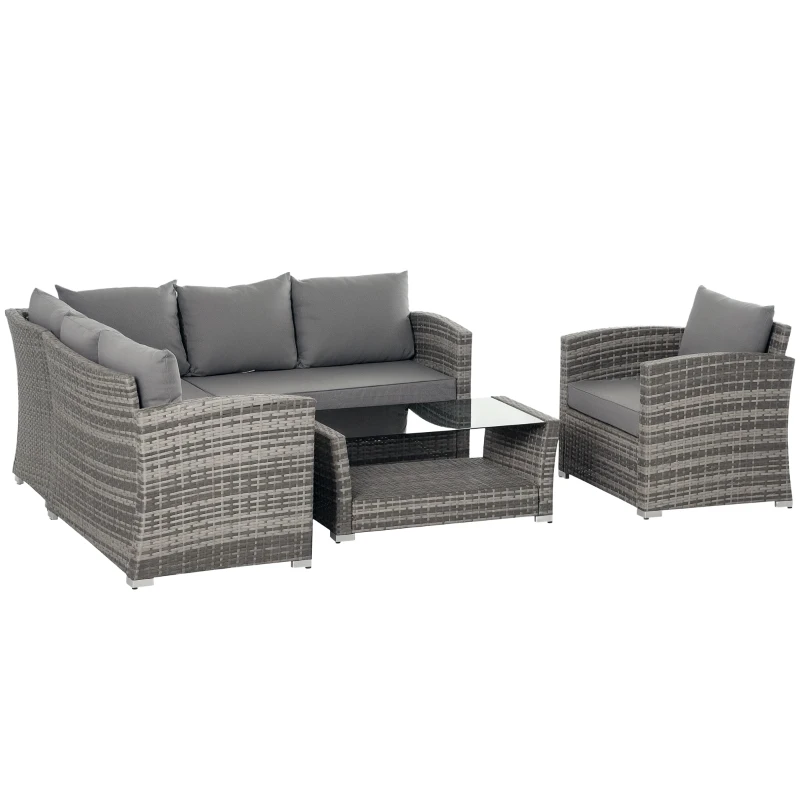 Outsunny 5 Pieces Wicker Patio Furniture Set with 4" Thick Cushions, Outdoor PE Rattan Garden Conversation Sectional Sofa Set with Glass Top Two-tier Coffee Table, Grey