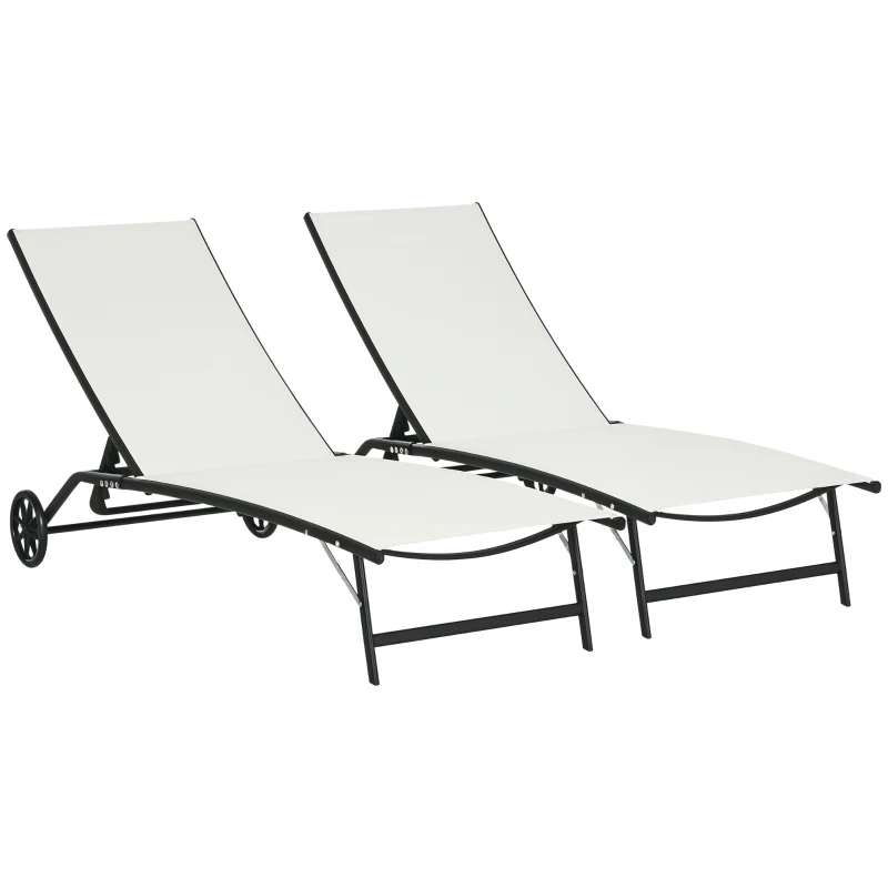 Outsunny 2PCs Lounge Chairs with Wheels, 5-Level Adjustable Backrest for Garden, Backyard, Patio, Deck, Poolside, White