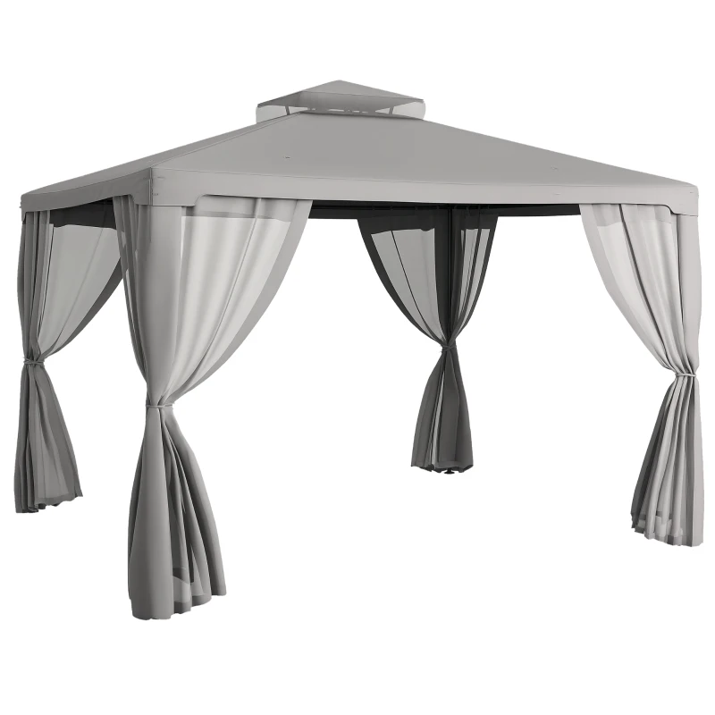 Outsunny 12' x 10' Patio Gazebo Outdoor Pavilion 2 Tire Roof Canopy Shelter Garden, Steel Frame w/ Mosquito Netting, Light Grey