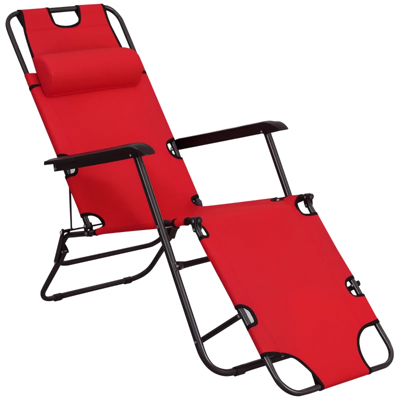Outsunny Folding Chaise Lounge Chair, Outdoor Portable 2-Level Adjustable Recliner Zero Gravity Chair with Headrest Pillow, Armrests with Storage Mesh Pocket, Red