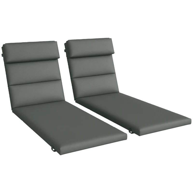 Outsunny Patio Chaise Lounge Chair Cushions Replacement Sun Lounger Pads with Headrest and Ties, Set of 2, Grey