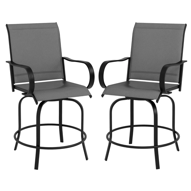Outsunny Outdoor Bar Stools Set of 2, 360° Swivel Bar Height Chairs, 26.75" x 29.5" x 48.5", Gray