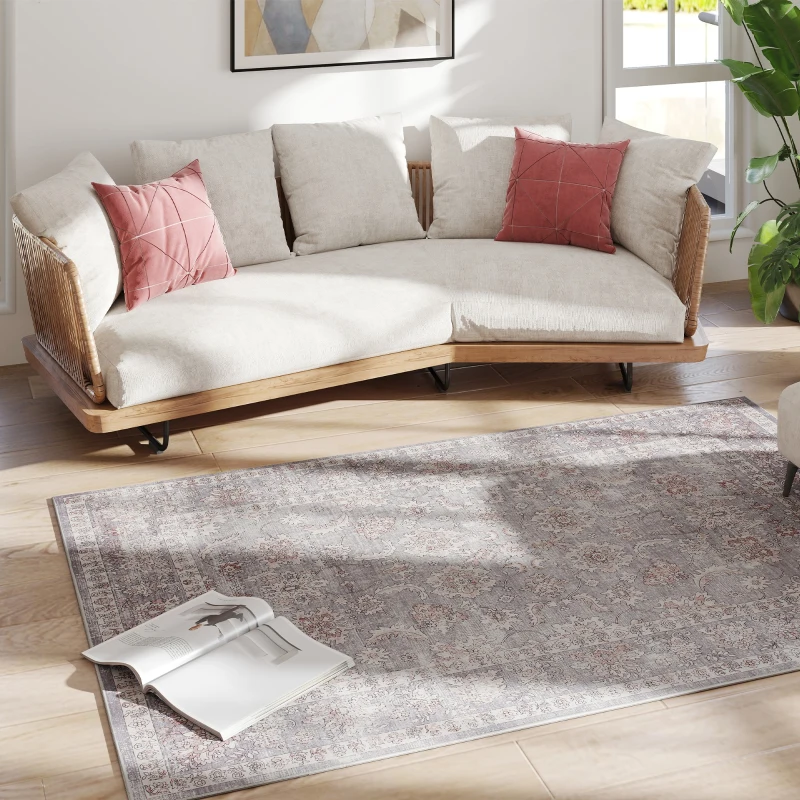 HOMCOM Machine Washable Area Rug 4x6, Non-Slip Traditional Flower Print Floor Carpet for Living Room, Bedroom, Grey and Brown