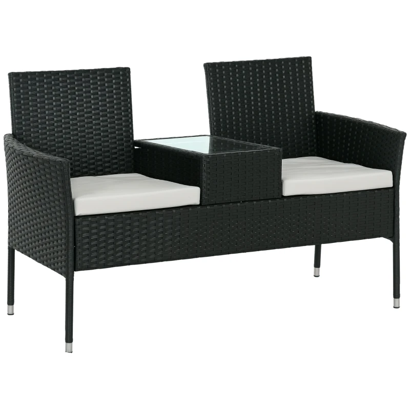 Outsunny Patio Furniture w/ Mid-Table PE Rattan Loveseat w/ Cushion, Light Grey