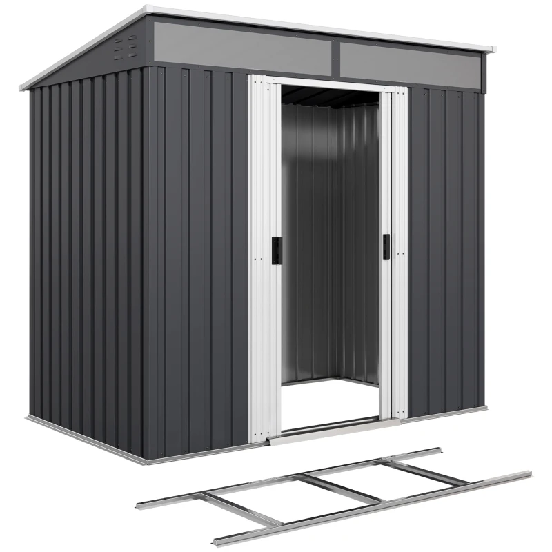 Outsunny 6.5x4FT Galvanised Metal Shed with Foundation Kit, Lockable Garden Tool Storage House with Sliding Doors, Vents, Grey