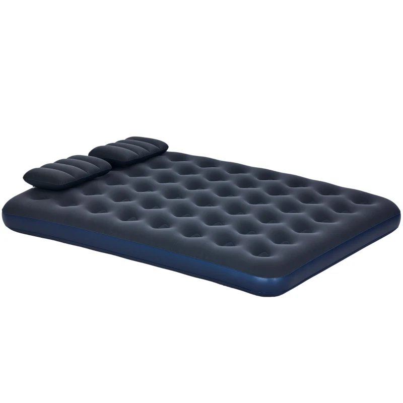 Outsunny Twin Air Mattress, Inflatable Double Air Bed with 2 Pillows, Hand Pump, Flocked Surface for Guest, Camping, Travel, Blue