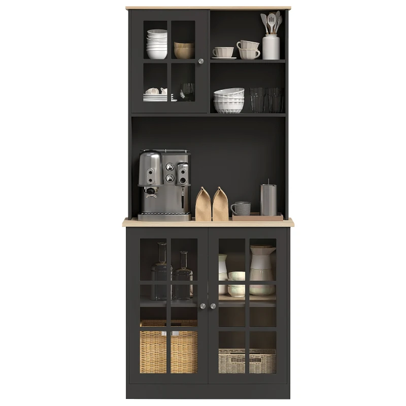 HOMCOM Kitchen Pantry Storage Cabinet, 72" Freestanding Cabinet with Hutch, Large Countertop, Glass Doors and Adjustable Shelves for Dining Room, Black