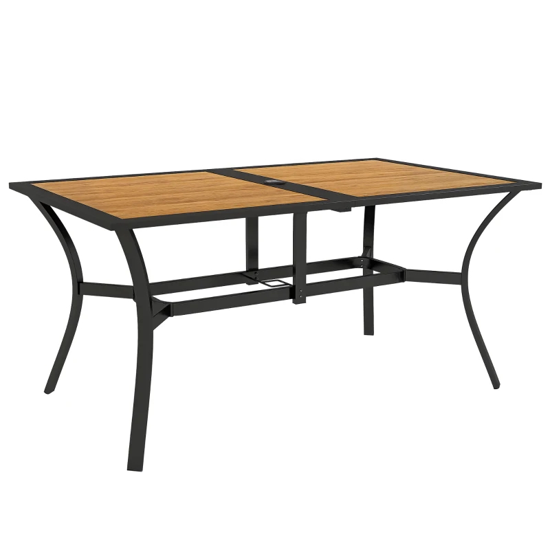 Outsunny Rectangular Patio Table with Umbrella Hole, Faux Wood Rectangle Outdoor Dining Table for 6 People for Garden, Brown