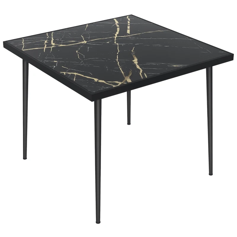 Outsunny Outdoor Dining Table for 4, Square Patio Dining Table with Marble Effect Tempered Glass Top and Steel Frame, Black