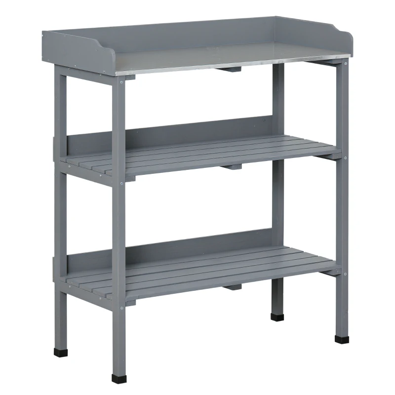 Outsunny Outdoor Garden Wooden Potting Bench Work Station Table Tool Storage Shelf w/ Hooks, Grey