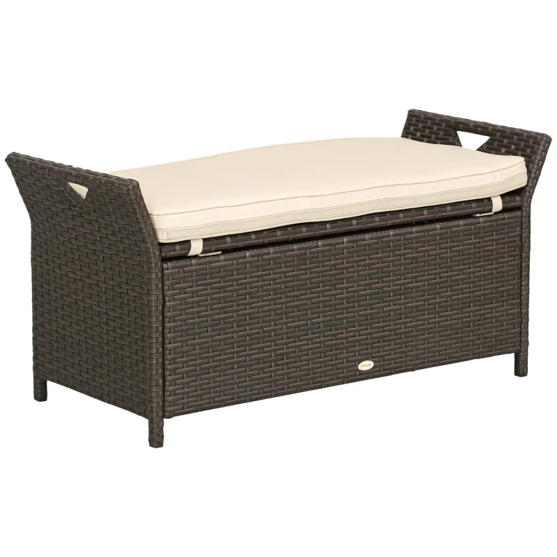 Outsunny 29 Gallon Patio Wicker Storage Bench, Outdoor PE Rattan Patio Furniture, 2-In-1 Large Capacity Rectangle Garden Storage Box with Handles and Cushion, Cream White