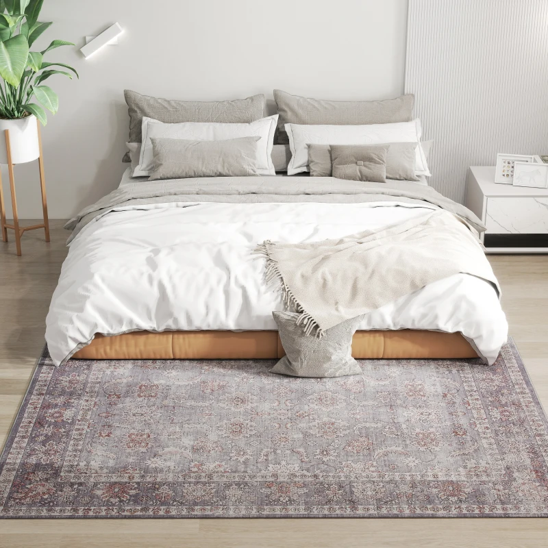 HOMCOM Machine Washable Area Rug 4x6, Non-Slip Traditional Flower Print Floor Carpet for Living Room, Bedroom, Grey and Brown