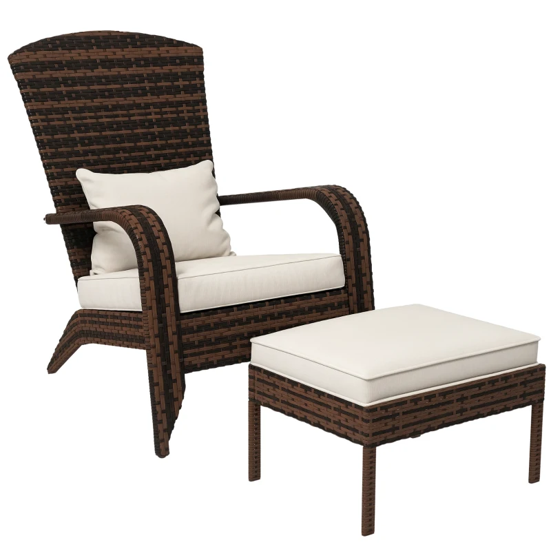 Outsunny Wicker Adirondack Chair with Ottoman, Patio Cushioned Muskoka Chair with Armrests Brown/Cream White