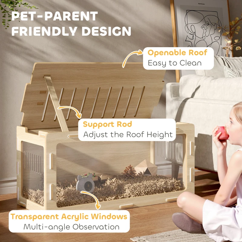 PawHut Hamster Cage with Easy View Acrylic Panels, Air Vents & Openable Roof, for Gerbil, Guinea Pig, 39" x 20" x 18.5", Oak