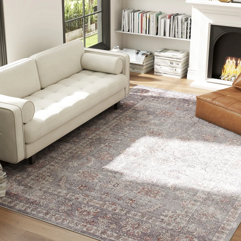 HOMCOM Machine Washable Area Rug 8x10, Non-Slip Traditional Flower Print Floor Carpet for Living Room, Bedroom, Grey and Brown